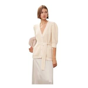 Adam Lippes x RTR Tie Waist Cardigan Sweater Ivory Wool-Blend‎ Ribbed Knit XS